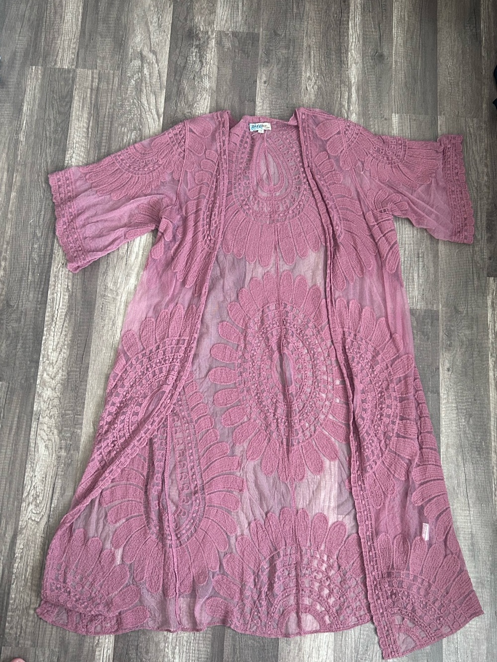 Rebellion Again Large Mauve Lace Kimono Duster Embroidered Boho Floral